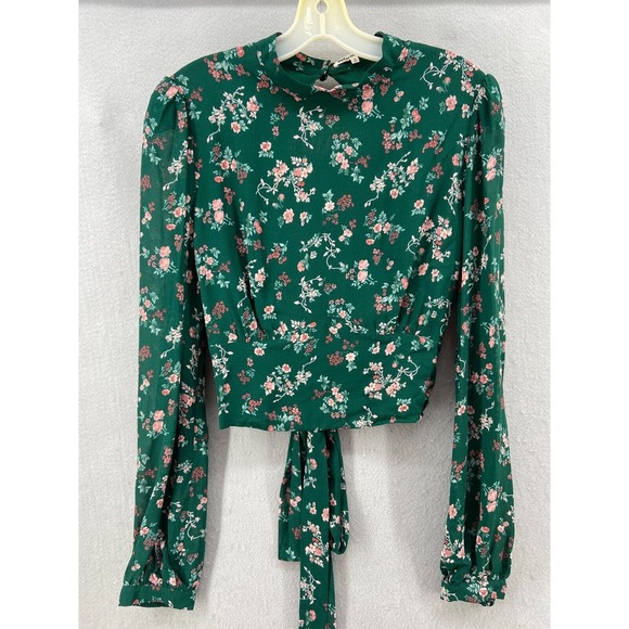 Reformation Shirt Sz 12 Raye Emilia Green Floral Long Sleeve Open Back Crop - Picture 6 of 14